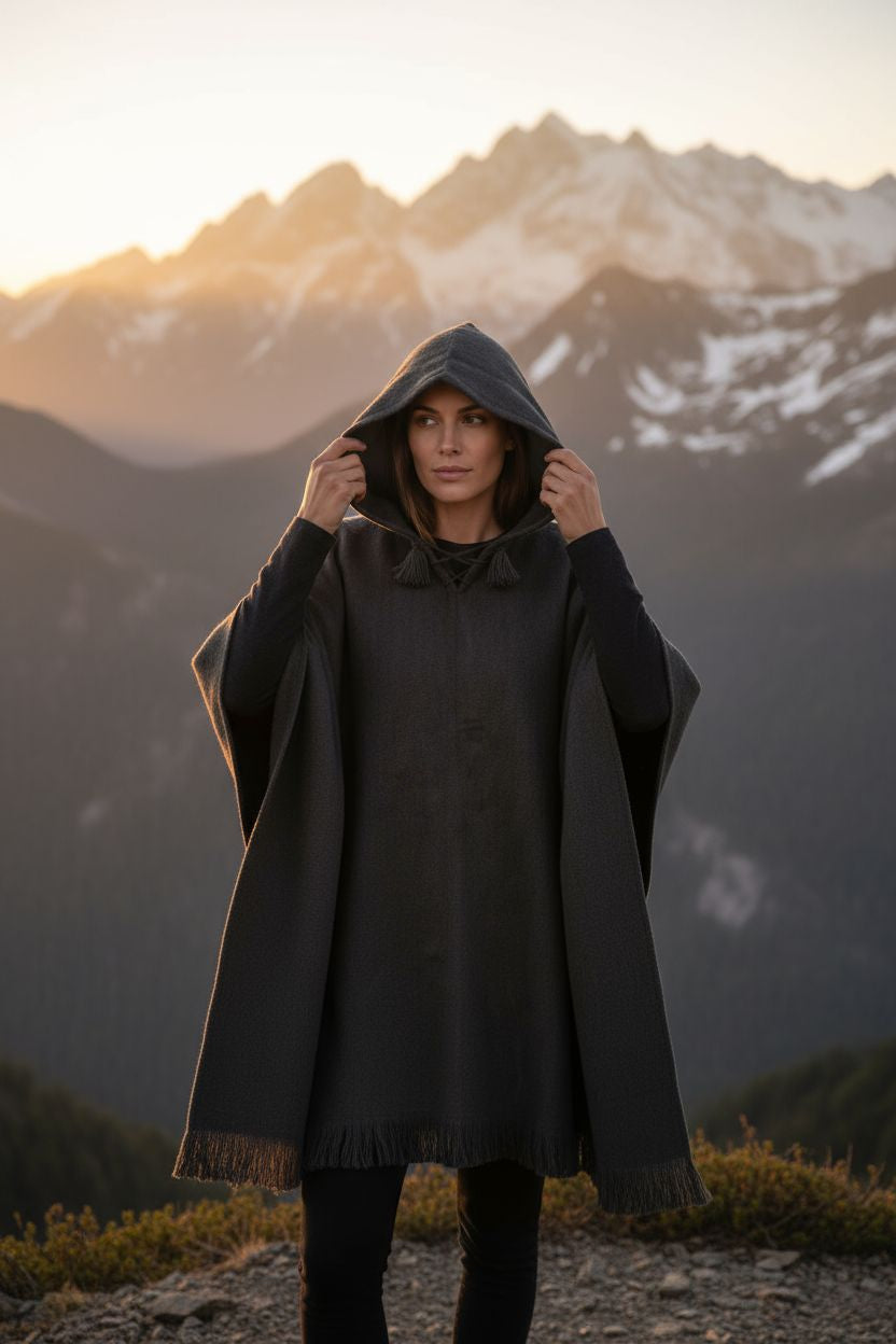 Poncho full black alpaca